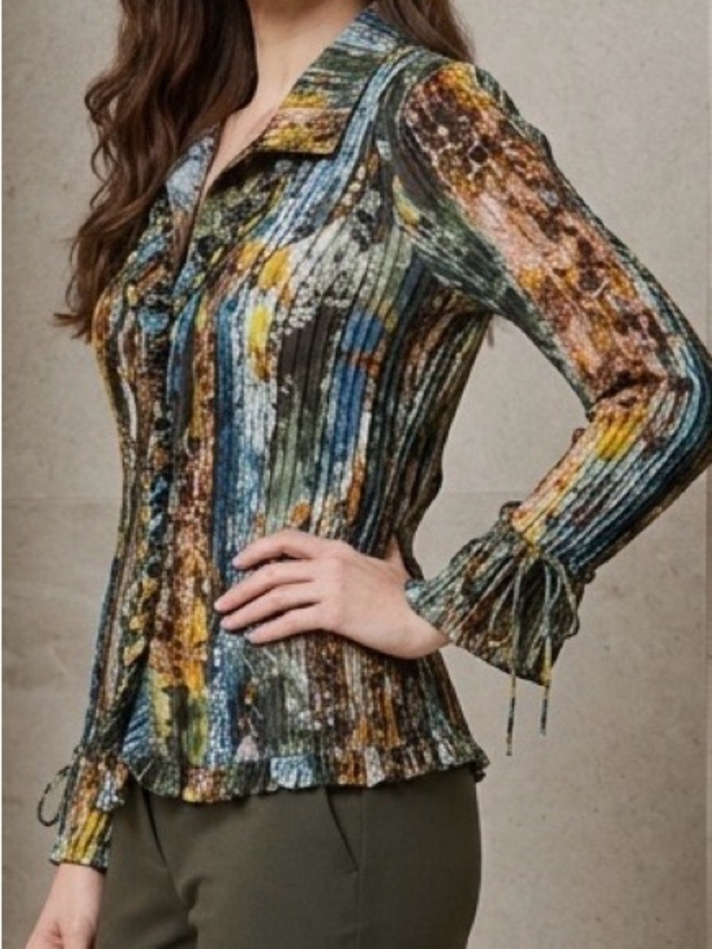 Alberto Makali Multicolor Crinkle Plisse Button-Down Shirt (L)